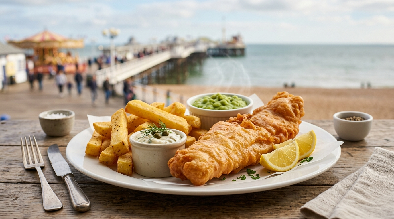 Crispy battered fish and thick chips with mushy peas and tartar sauce, served on a white plate with a seaside setting in the background. Representative image, not a photo of a specific venue.