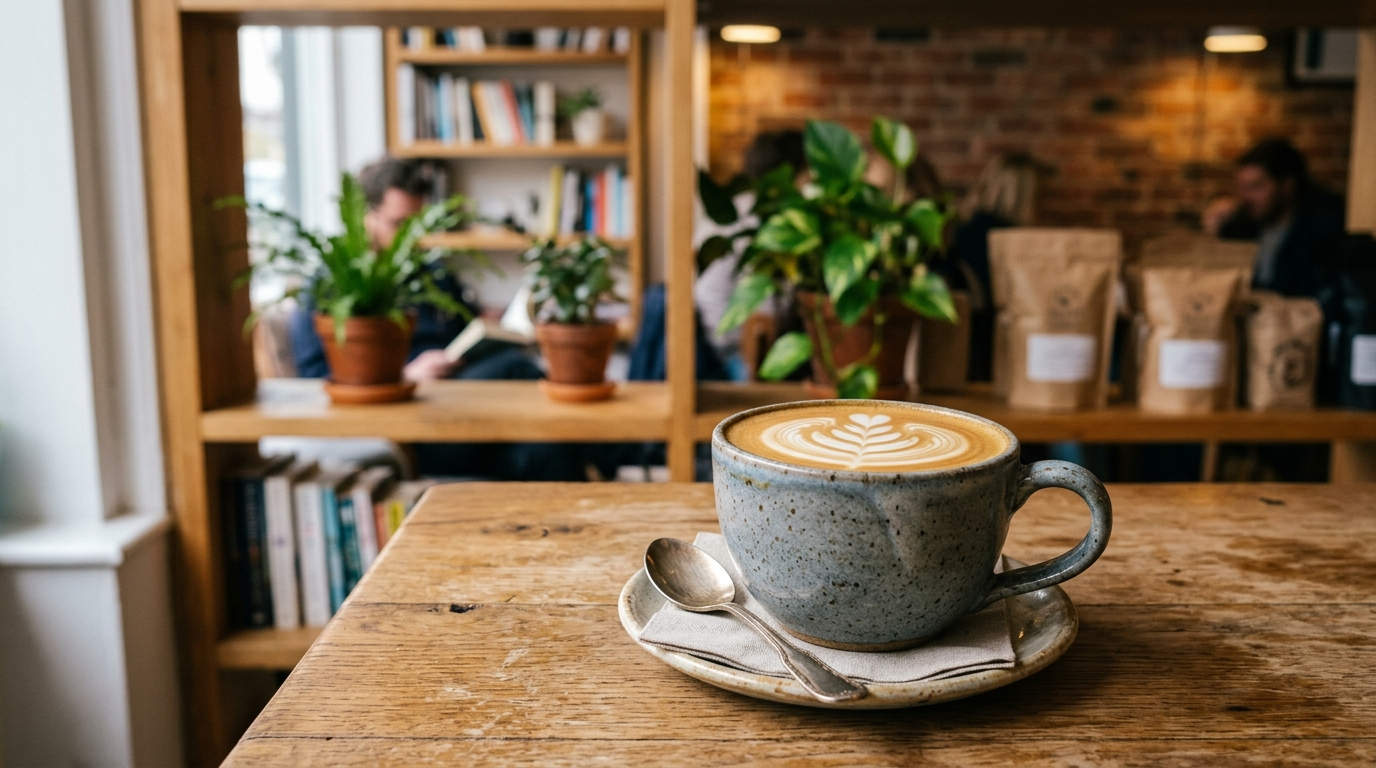 Artisan latte with latte art in a ceramic cup in a cosy, independent cafe setting with bookshelves and warm lighting. Representative image, not a photo of a specific venue.